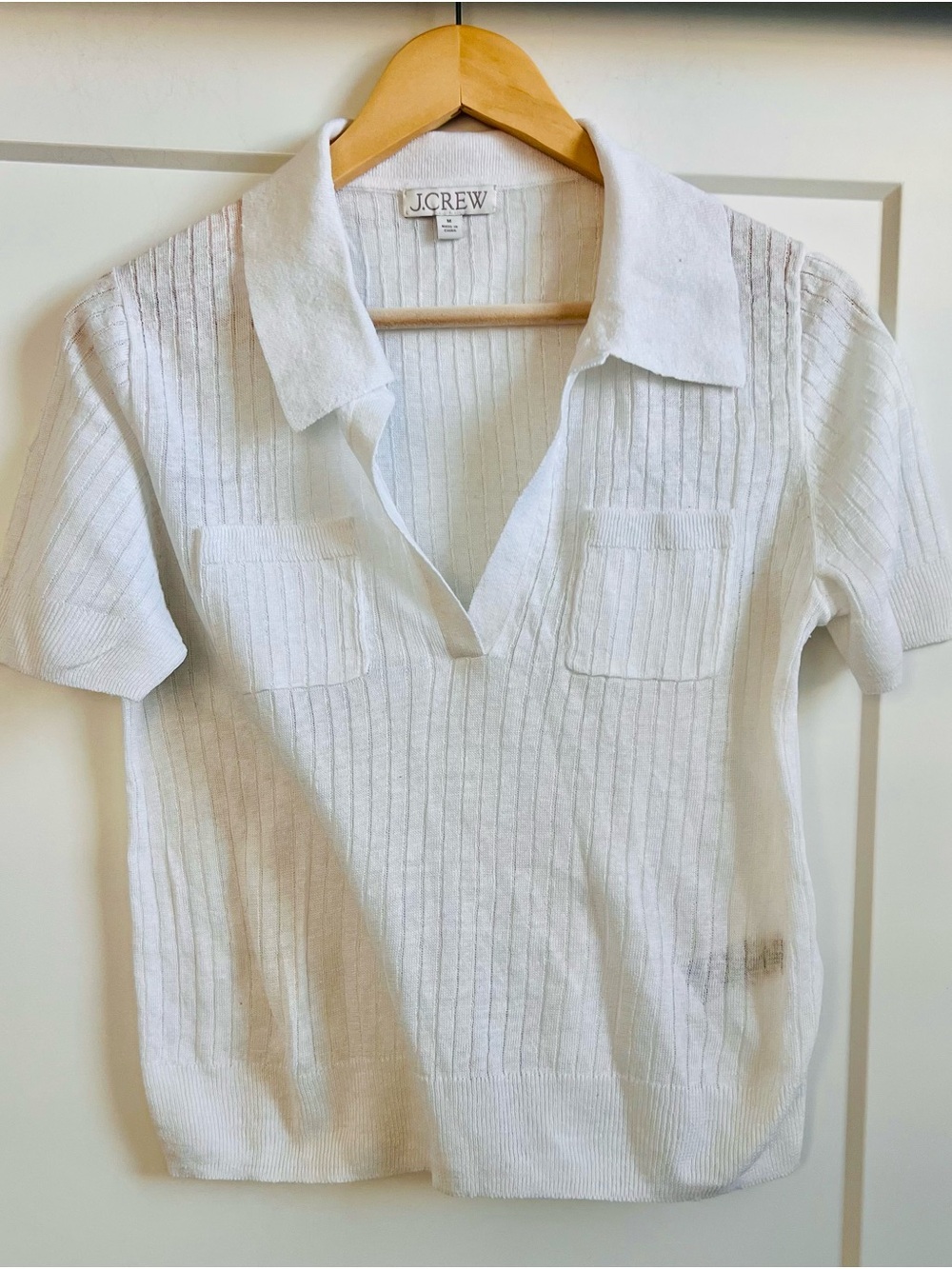 J.Crew 100% Linen Ribbed Polo Sweater White Short Sleeve Johnny Collar M - Picture 4 of 9